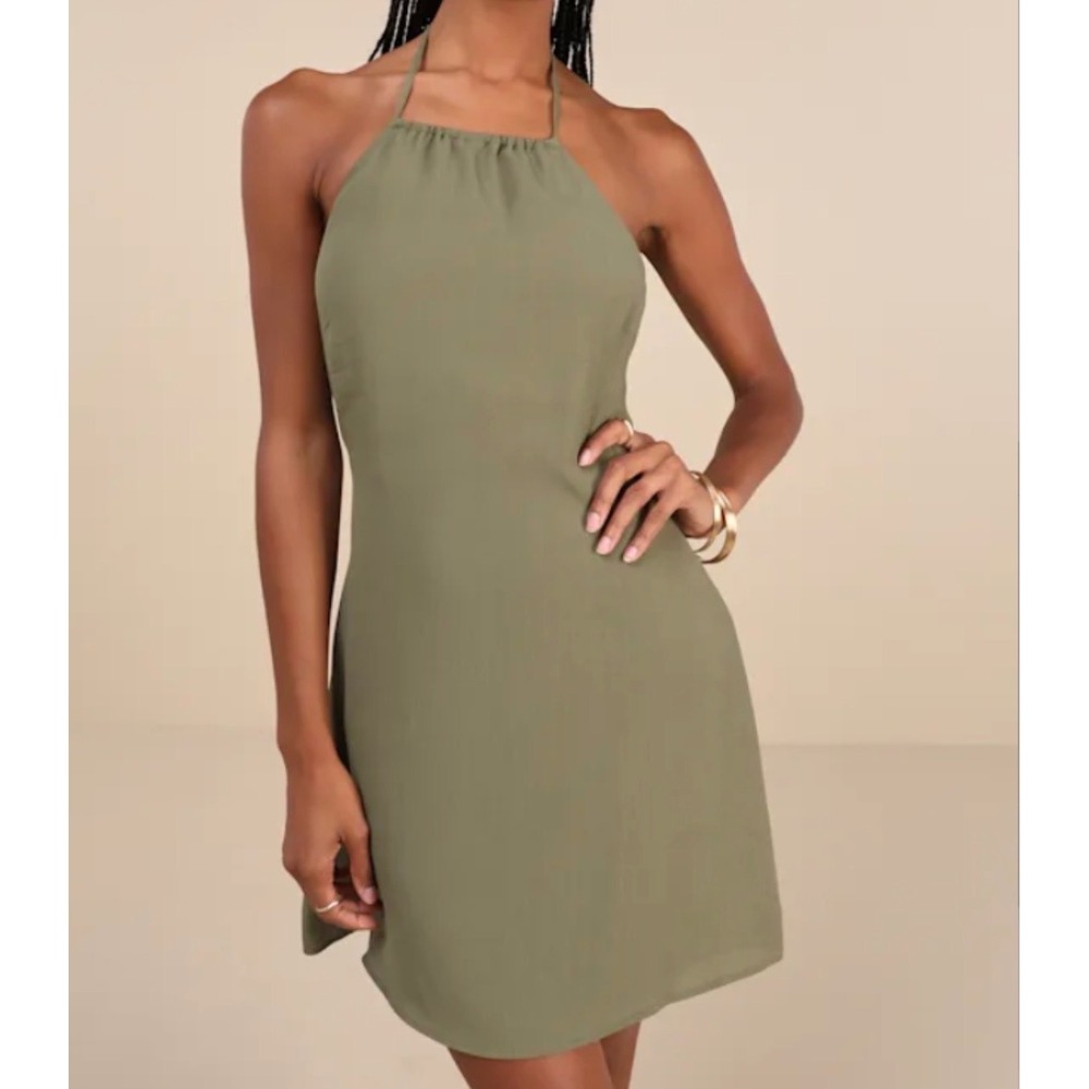 Lulus Breezy Date Olive Green Halter Cutout Mini Dress Smocked Back XS NWT